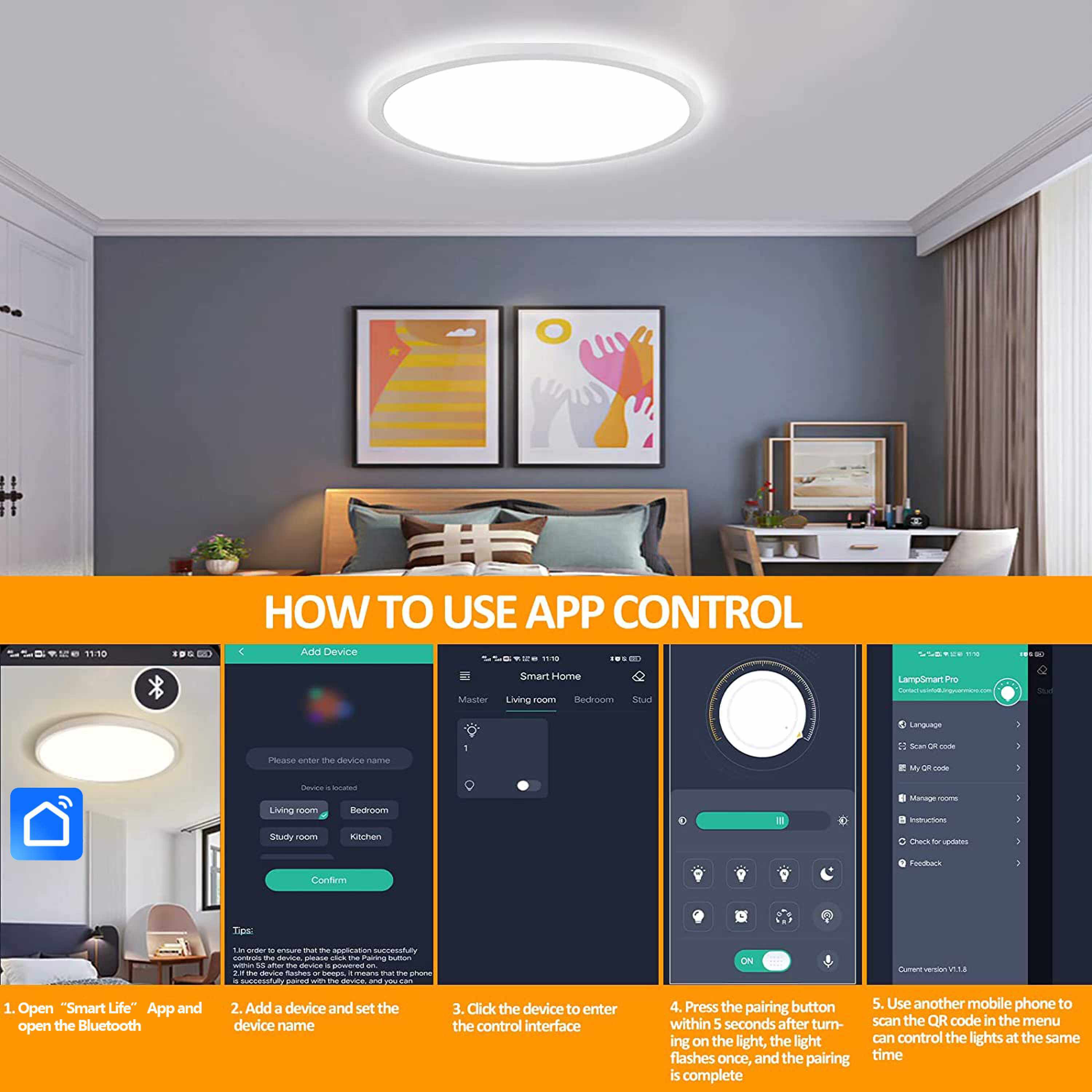 9in 2.4G Smart Remote Control + Bluetooth LED Painel de montagem embutida 18W 2000LM ETL Energy Star listado Luz de teto interna 