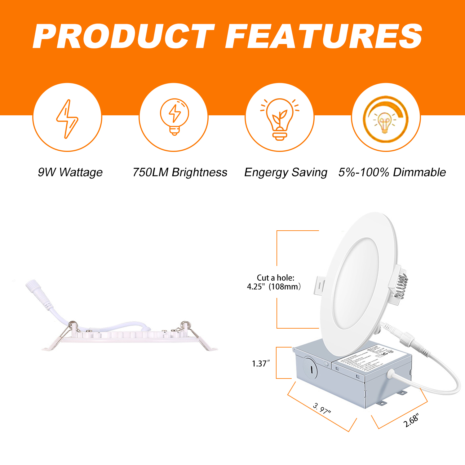 YG008 Alto Brilho 810LM 4in 3CCT Potlight LED Recessed Slim Panel Light