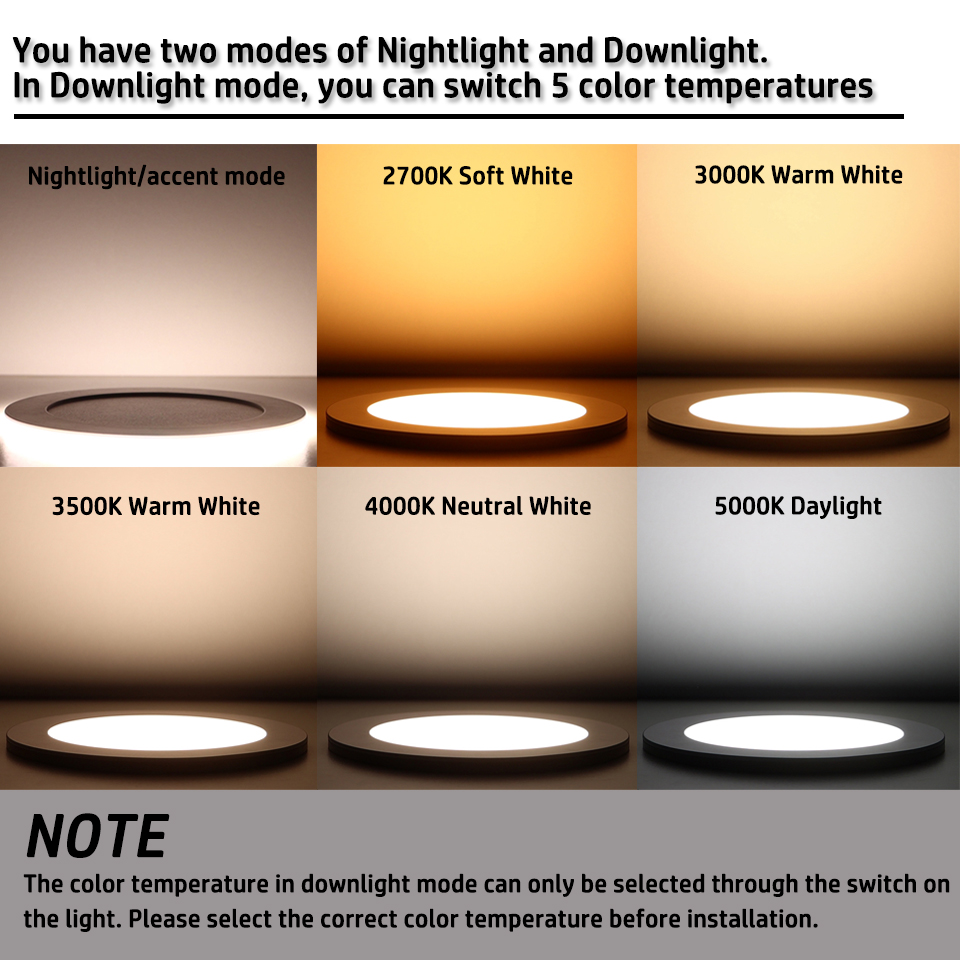 4in 6in cor redonda mutável 5CCT 2700K / 3000K / 3500K / 4000k / 5000k + luz noturna 2700K regulável embutida LED Slim Downlight com caixa de junção ETL listado IC classificado