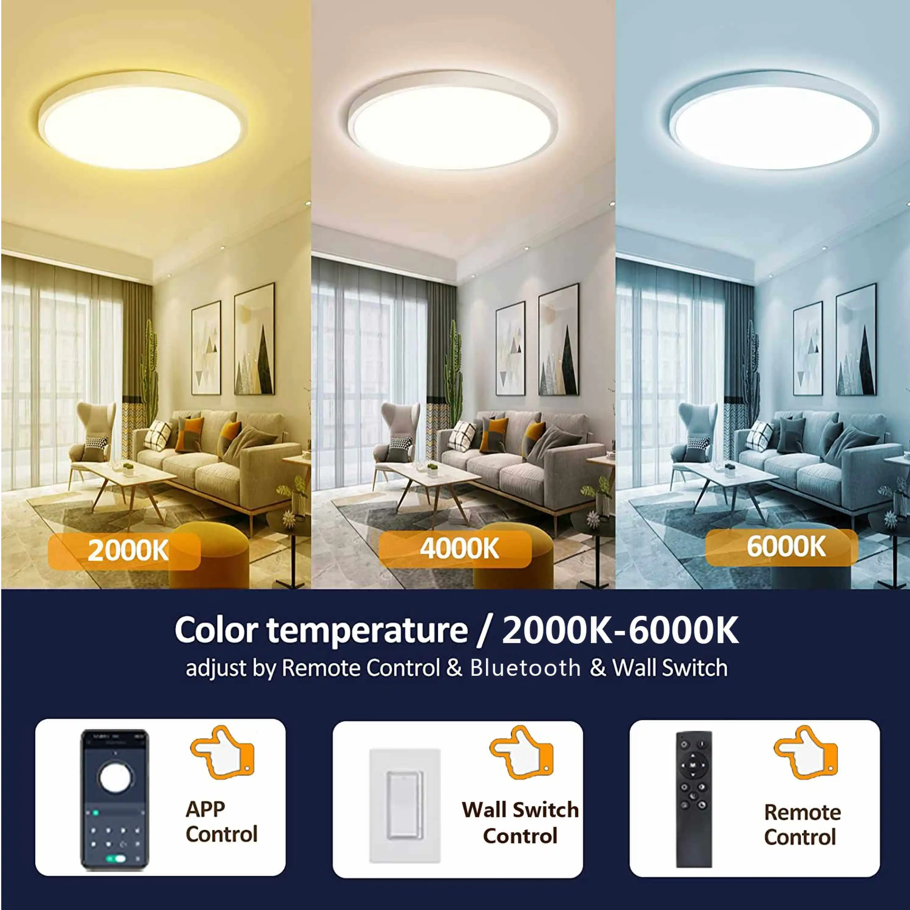 12in 2.4G Smart Remote Control + Bluetooth RGB-CW LED Painel de montagem embutida 24W 3000LM ETL Energy Star listado 