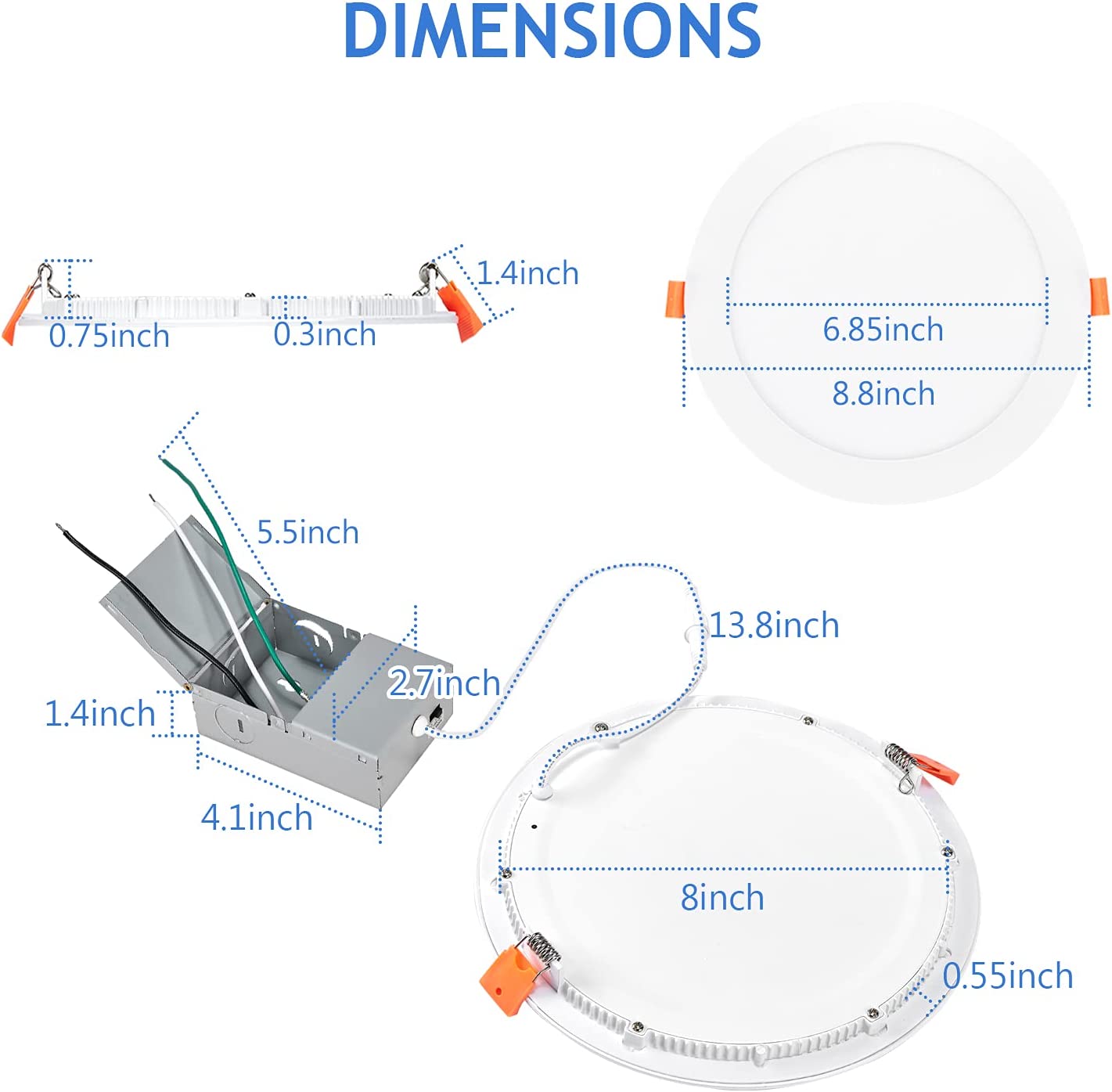 YG ETL/ES/FCC listado AC120V 8in 18watts 3CCT Painel interno fino residencial embutido LED Downlights para localização úmida