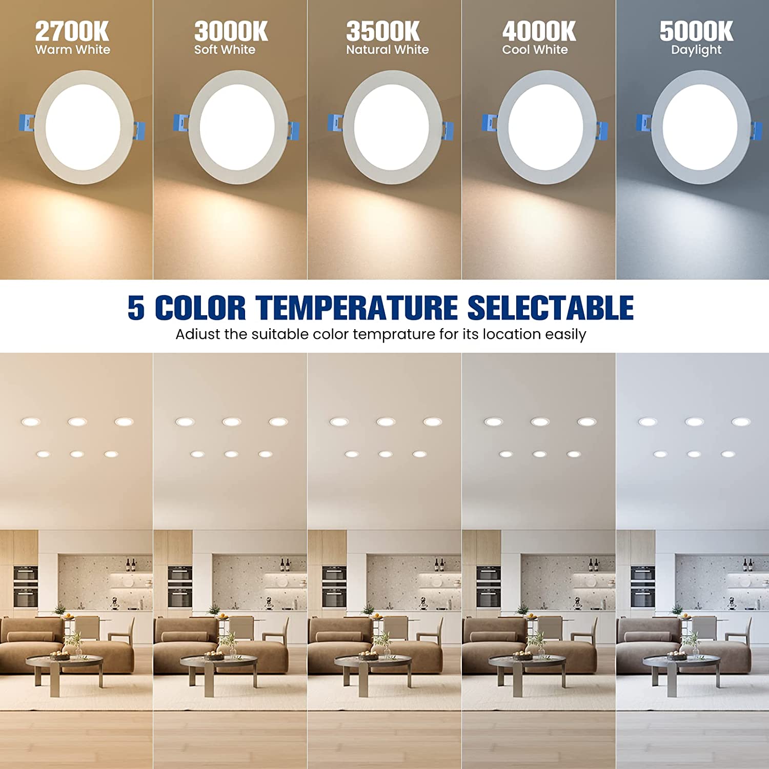 3in 4in 6in 5CCT IC avaliado LED embutido teto fino downlights regulável luz de painel embutido fino para localização molhada