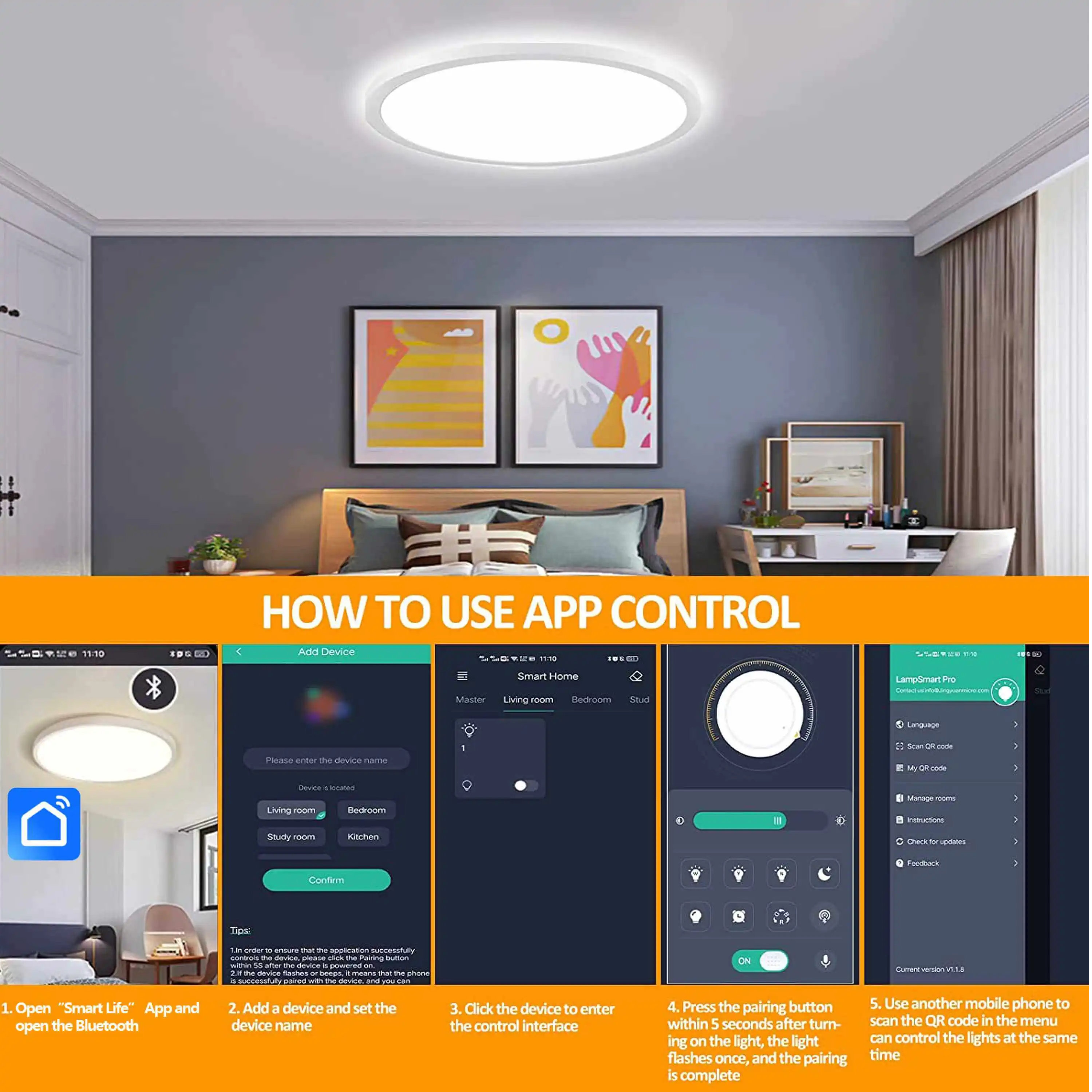 12in 2.4G Smart Remote Control + Bluetooth RGB-CW LED Painel de montagem embutida 24W 3000LM ETL Energy Star listado 